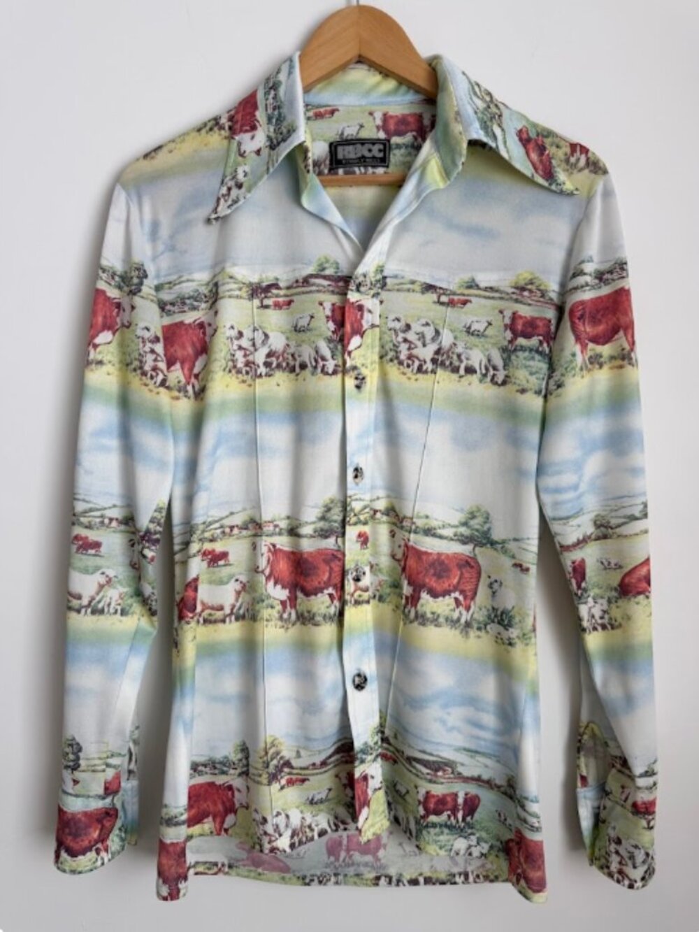 Vintage Rare 70s RBCC Beverly Hills Polyester Knit Novelty Print Shirt Disco (M)